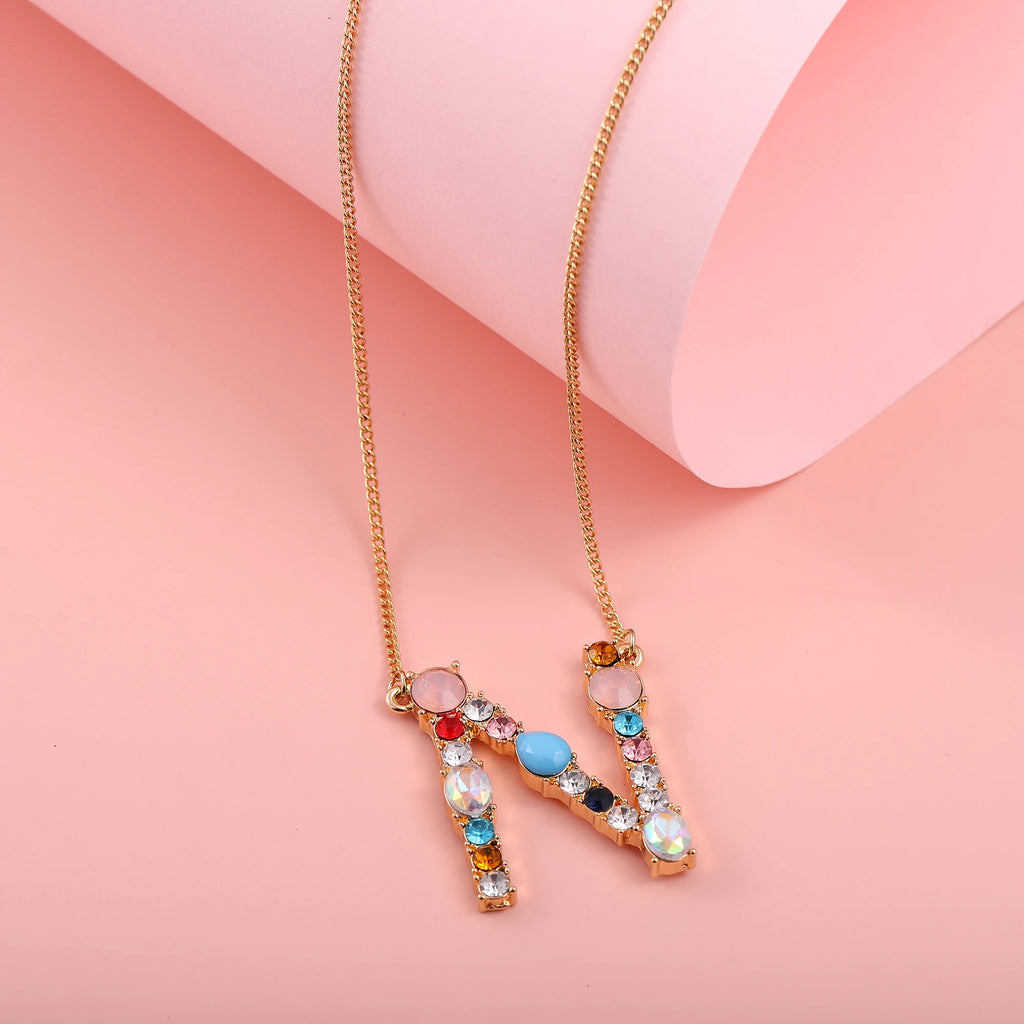 Hainon Fashion Initial 26 Letter Necklace Colored Zircon Necklace Electroplated Gold Sweater Chain