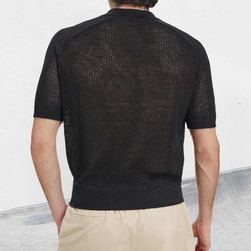 European and American Collar Sweater Men's Thin Hollow Slim Fit Short Sleeved Knitted Summer New Men's Clothing Top Short Sleeve