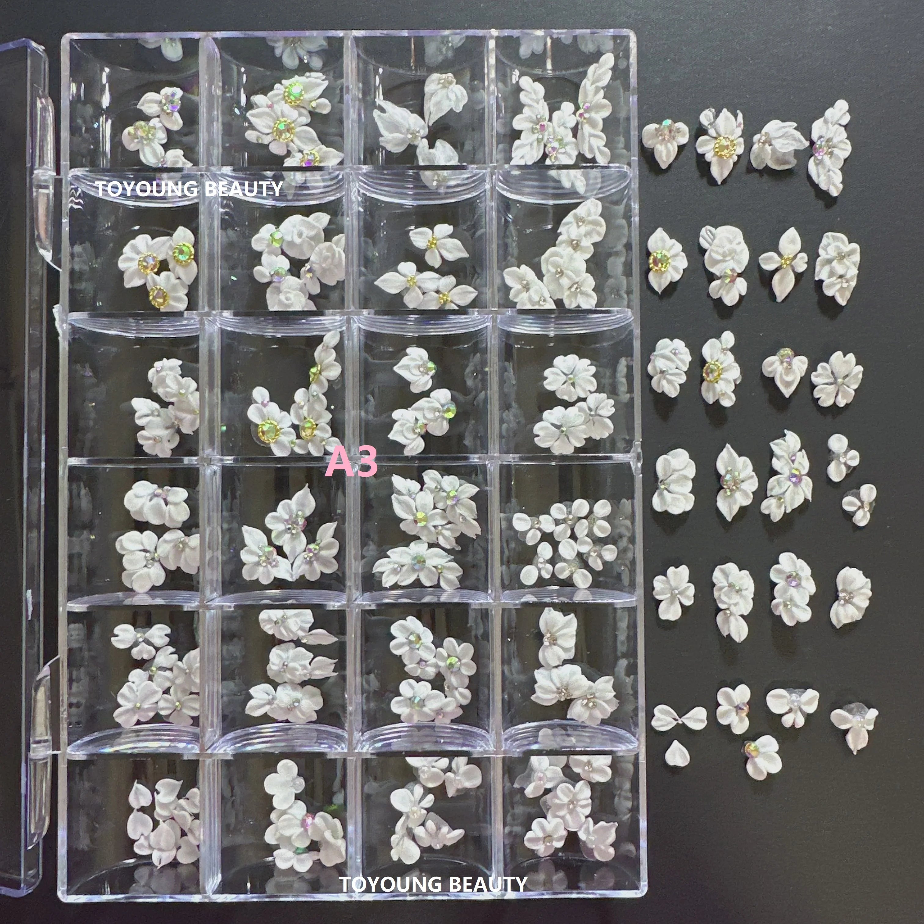 TOYOUNG 100pcs Per Tray Cheap Price Box Kawaii Handmade Nail Art Charms Christmas Decoration Stickers 3D Acrylic Nail Flowers