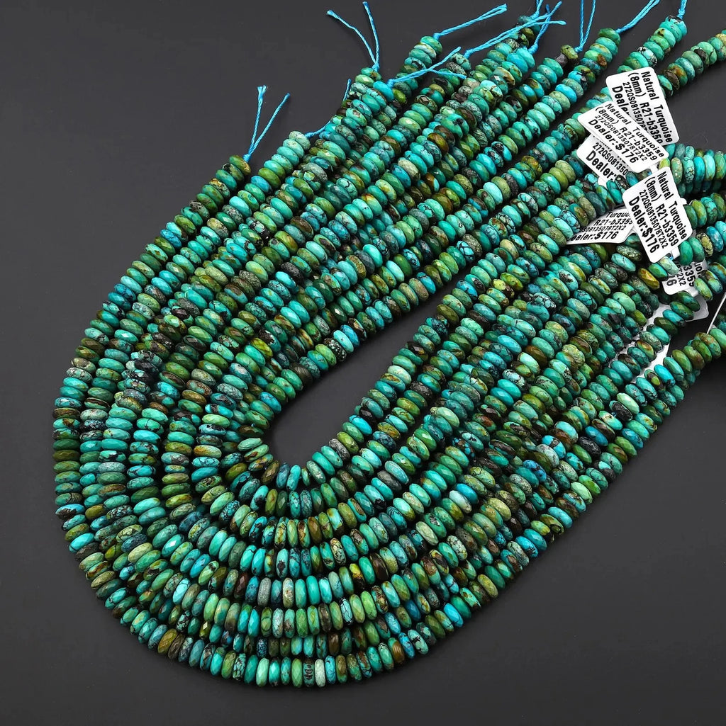 AAA Genuine Natural Blue Green Golden Turquoise 6mm 8mm Faceted Thin Ball Rondelle Beads Casual 15.5" Strand Great Gems Unisex