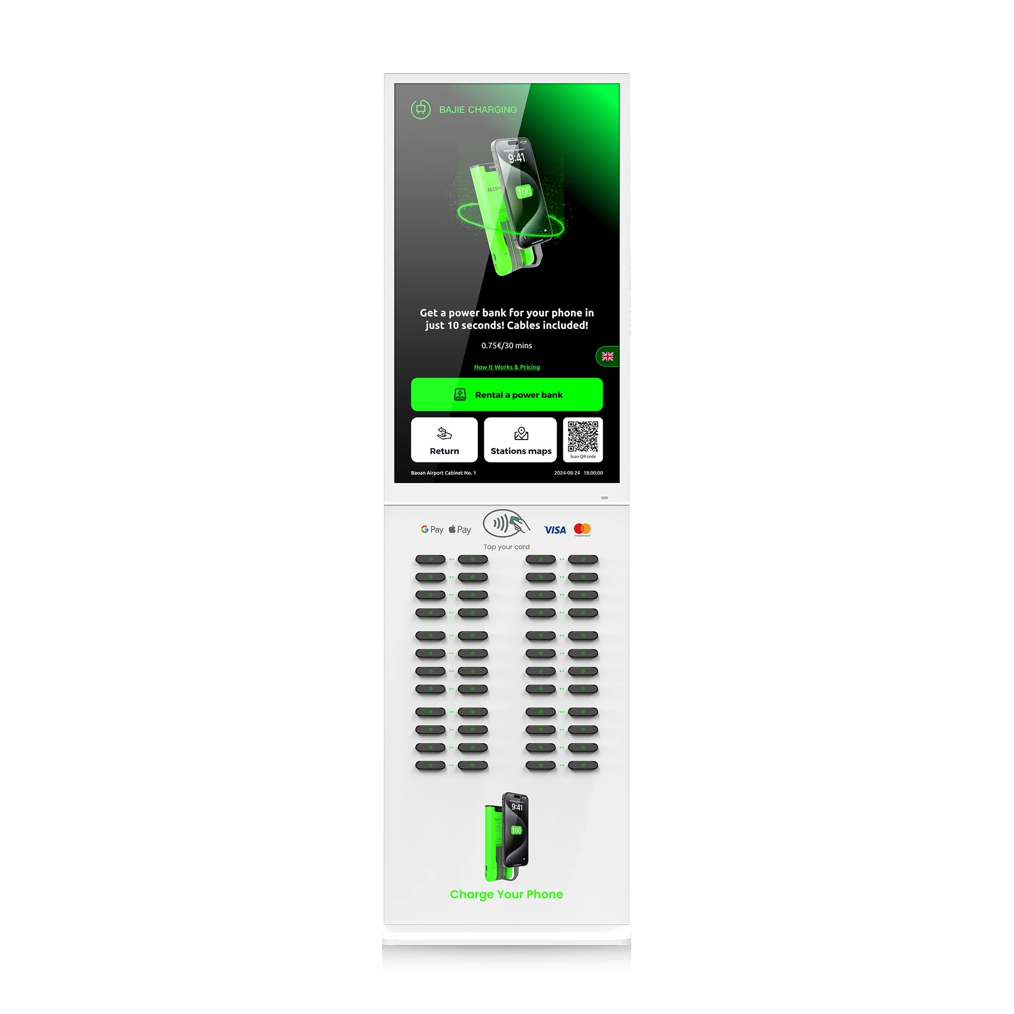 Commercial 48-Slot Mobile Phone Charging Station Vending Machine 43-Inch Touch Screen NFC Power Bank Rental for Public Spaces