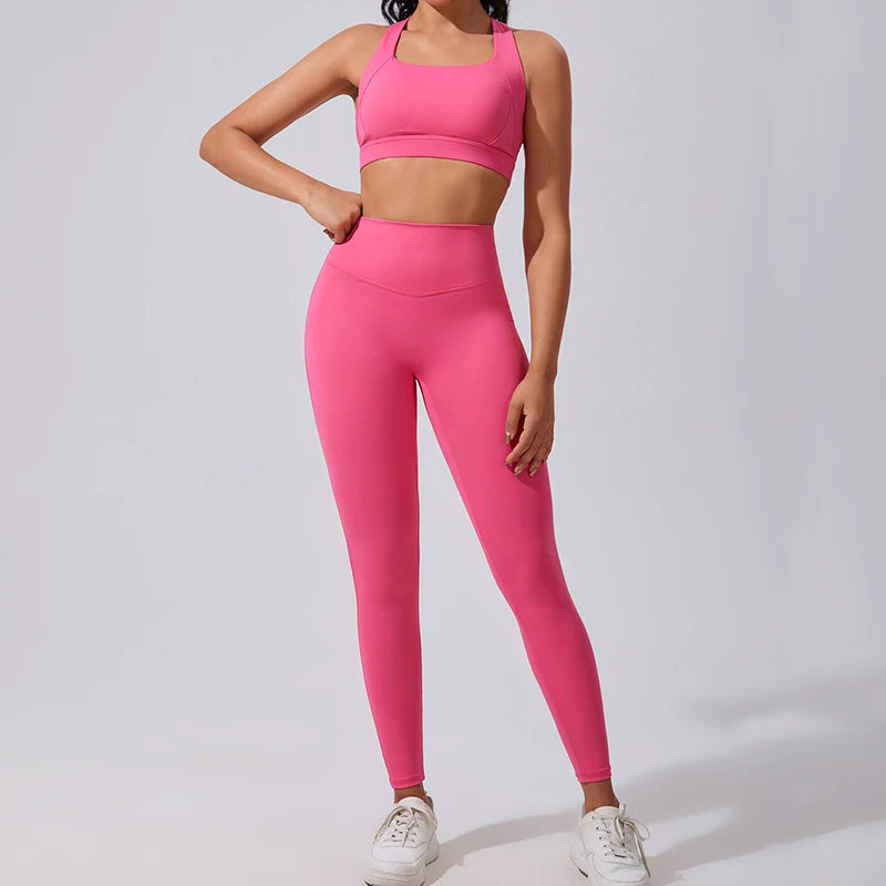 Workout Yoga 2-Piece Set Solid Eco-Friendly Spandex/Nylon Quick Dry Sports Bra High-Waisted Tummy Control Leggings for Women Gym