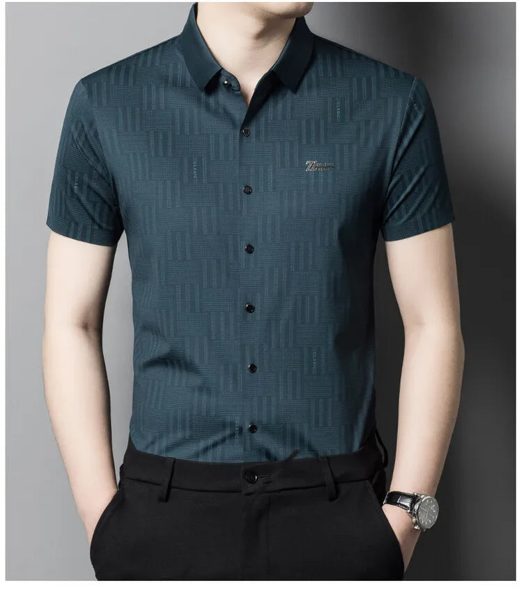 Liu Ming Summer Fashion Casual Men's Tops Shirts Single Breasted Solid Color Short Sleeve With Turn-Down Collar