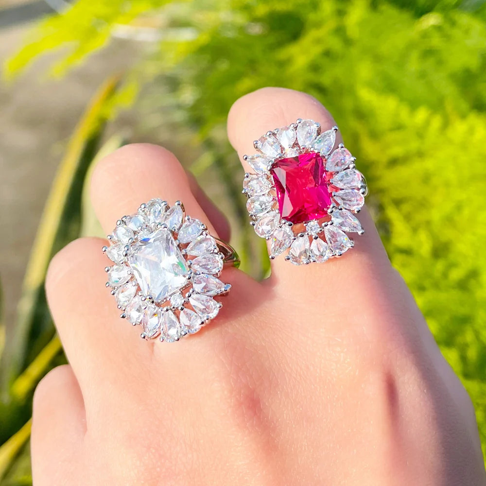 Exquisite Bling Red Cubic Zirconia Luxury Engagement Party Jewelry Big Sun Flower Finger Open Cuff Rings for Women
