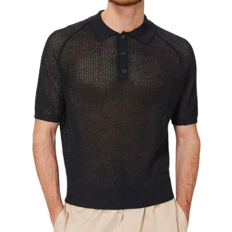 European and American Collar Sweater Men's Thin Hollow Slim Fit Short Sleeved Knitted Summer New Men's Clothing Top Short Sleeve