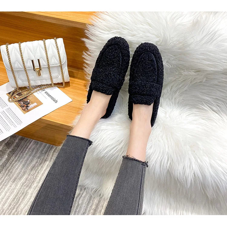 Winter Warm Plush Mules Women One Band Fur Slippers Cozy Cotton Shoes Woman Flats Cover Toe Fleeces Slides Femme Wool Pantuflas