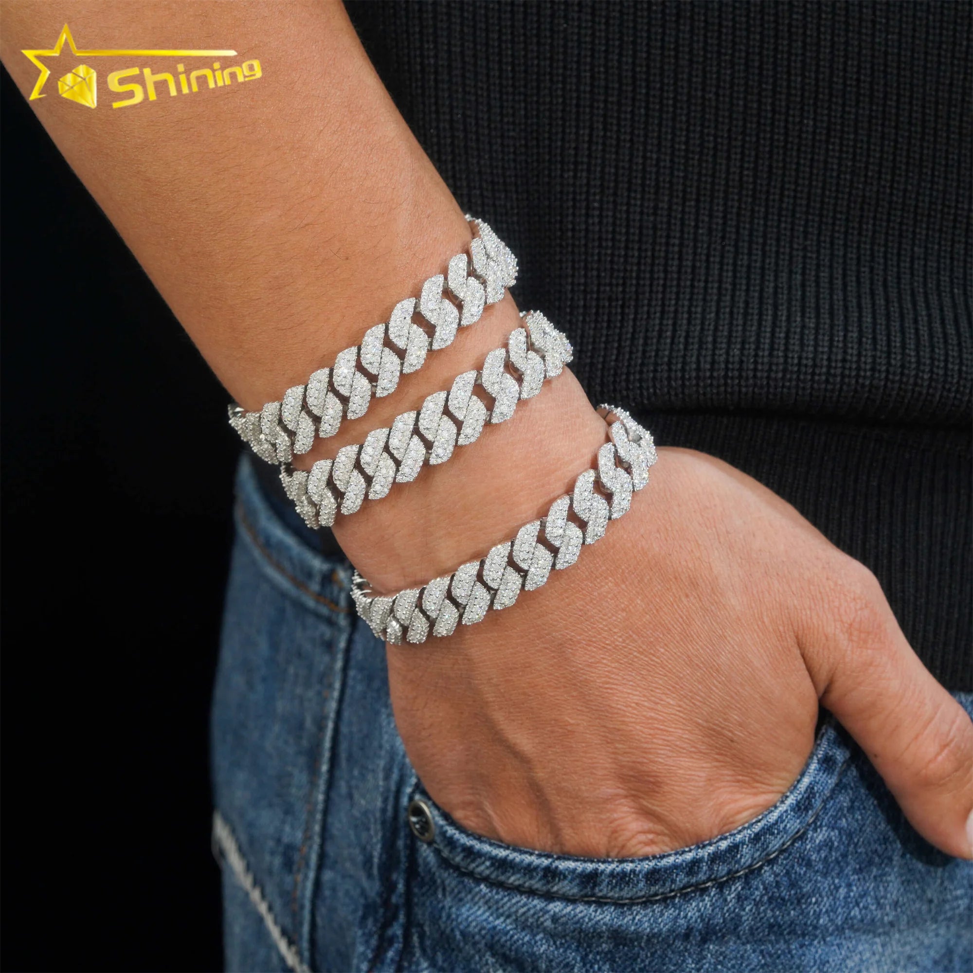 Hot Selling Pass Diamond Tester 925 Sterling Silver 10mm 15mm  20mm Moissanite Cuban Link Chain Mens Cuban Bracelet