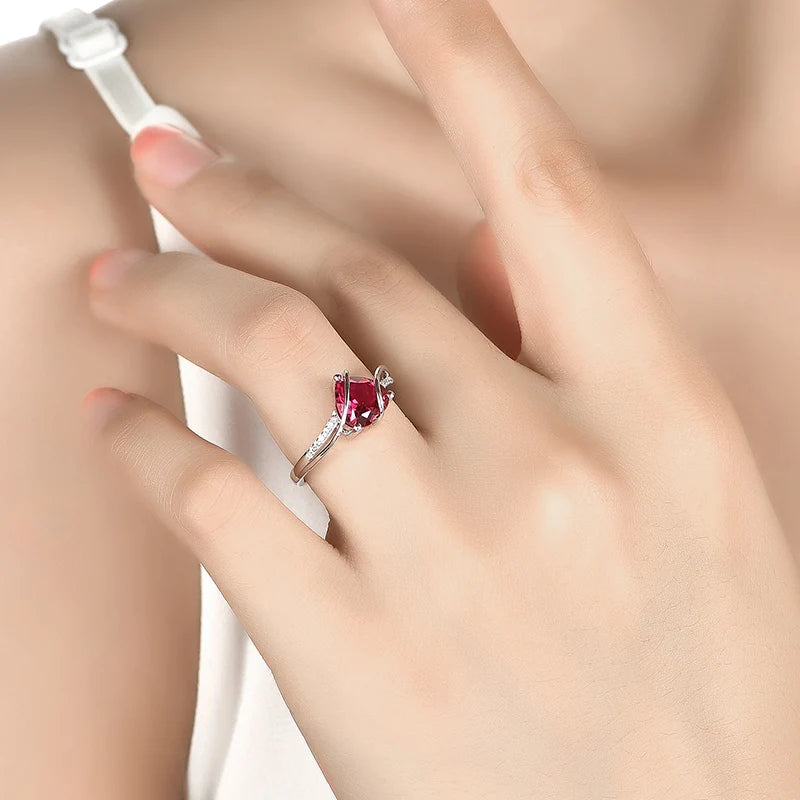 2.25 Carats 925 Sterling Silver Red Heart Solitaire Rings for Women Wedding Engagement Jewelry