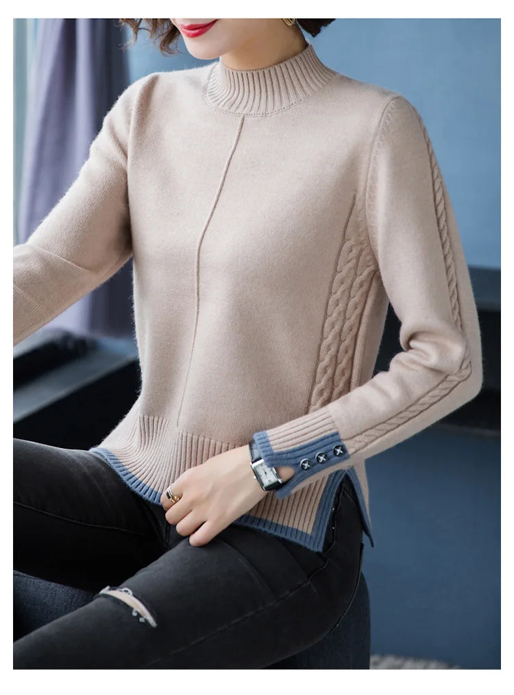 New Korean Women Base Sweater Loose Contrast Color Ladies Half High Neck Split Spring Autumn Pullover Sweaters Pull Tops Femme