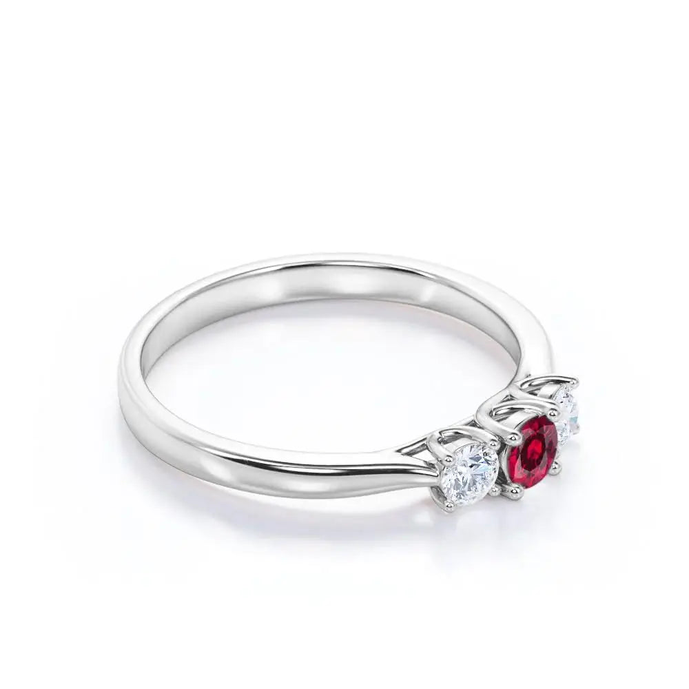 925 Sterling Silver Rhodium Plated Lab Created Ruby 0.7 Carat Cut Classic Three-Stone Certified Prong Set Engagement Ring