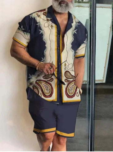 New Men Sets Print Patchwork Lapel Short Sleeve Casual Shirt Beach Shorts Summer Men Streetwear Vacation Hawaiian Suits