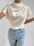 2026 Cross-Border Hot-Selling New Product Round Neck Short-Sleeve Left Shoulder Ruched T-Shirt Satin Women's Top Wholesale in Stock