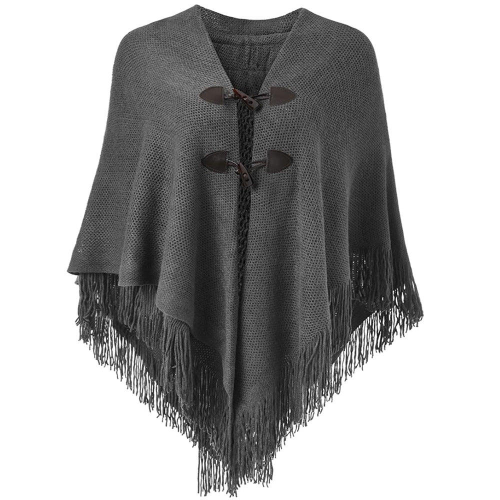 Autumn and Winter New Shawl Cloak Tassel Horn Button Pure Color Asymmetrical Double Layer Tassel Cloak Shawl Warm and Thickeneded