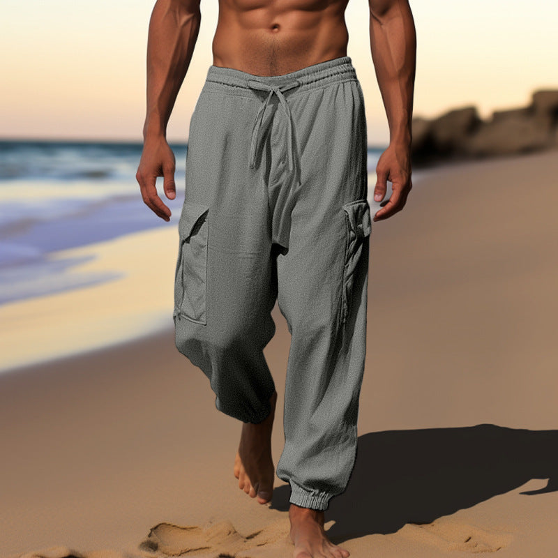 Sports Linen Casual Pants with Thin Drawstrings, Multiple Pockets, Loose Fit, Men's Cargo Pants, Straight-Leg, Relaxed Style