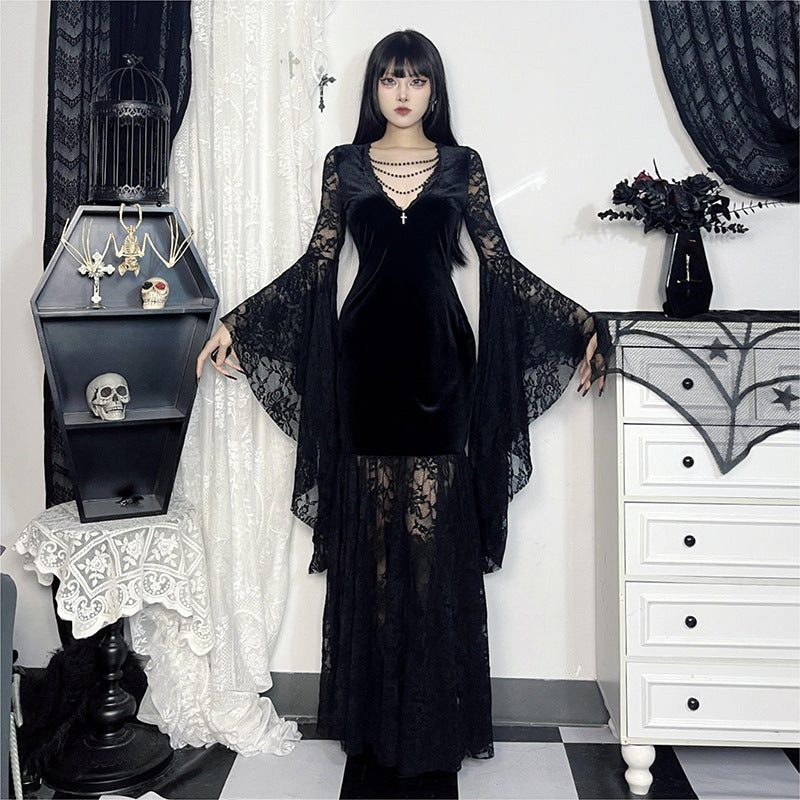 Halloween Costume Women Batwing Sleeve Floor Dress Black Gothic Evil Terror Maxi Mistress Morticia Addam Family Outfit For Adult
