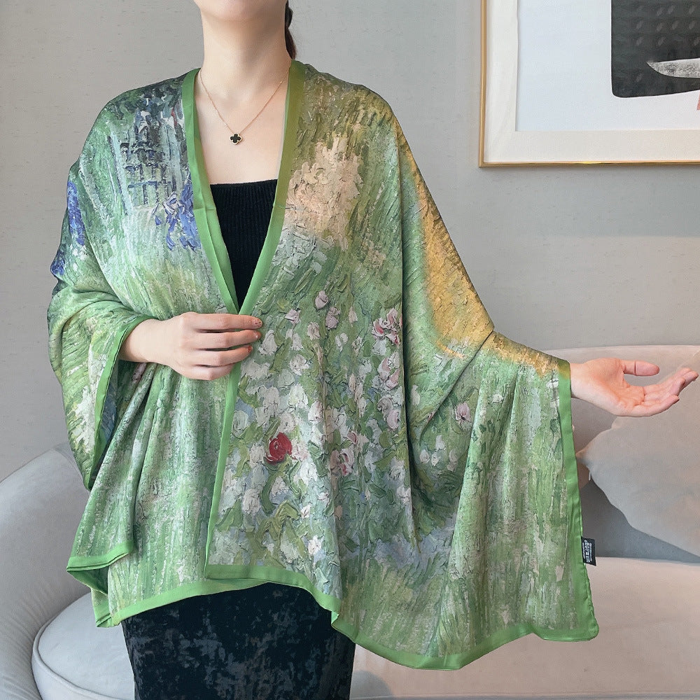 Van Gogh Monet oil painting double-sided double-layer silk scarf women's long 180x70 new silk satin popular fashion scarf shawl New