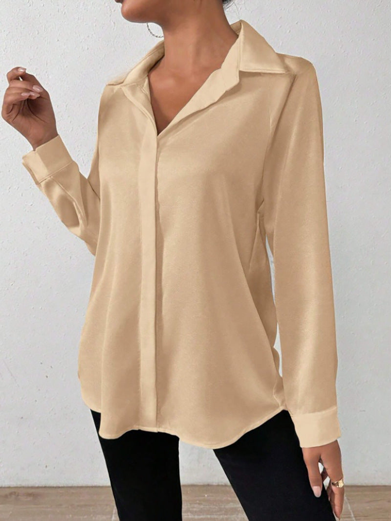 Cross-Border European and American Clothing Satin Shirt Women's Satin Imitation Silk Long-Sleeved Shirt European and American Export Cross-Border Women's Clothing