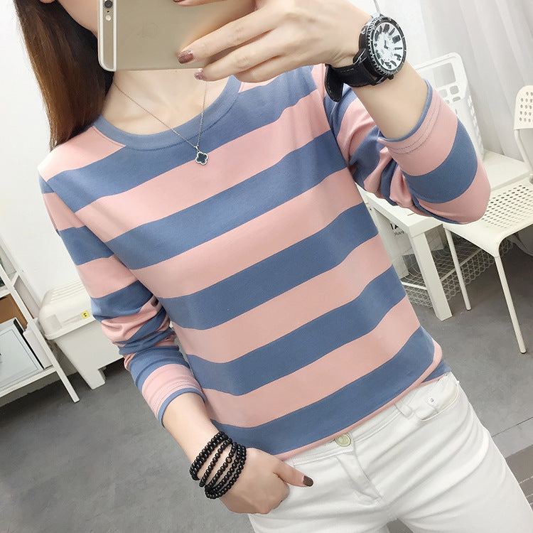 Autumn chubby girl Plus Size Large Size Loose Cotton Long-sleeved T-shirt Women's Middle-aged Mother Base Shirt Striped Top
