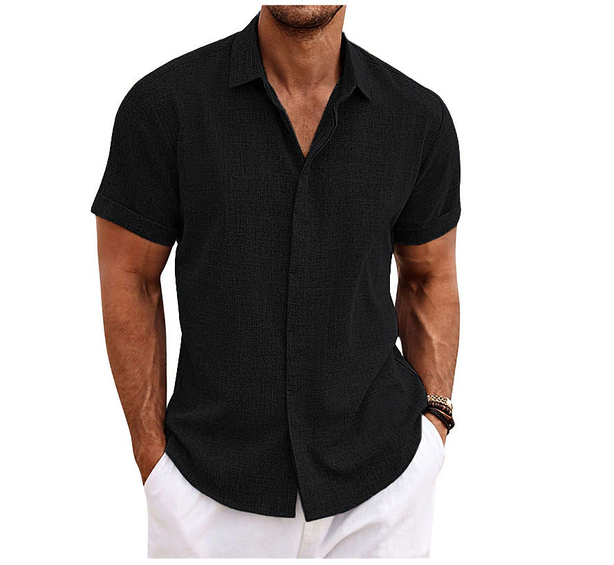 European and American Men's Double Placket Cotton Linen Cardigan Short-sleeved high quality Shirt Summer Home Short-sleeved Lapel Shirt Cross-border
