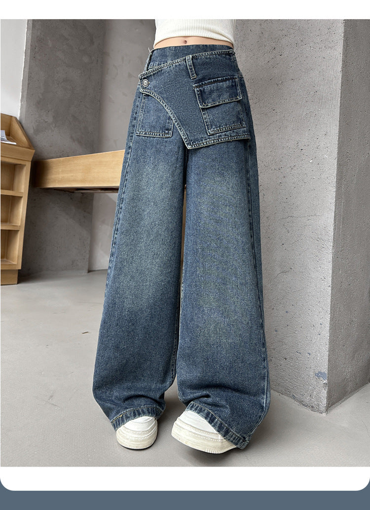 Girls' fart curtain jeans spring autumn new style teens children's straight tube loose wide leg pants retro blue casual pants