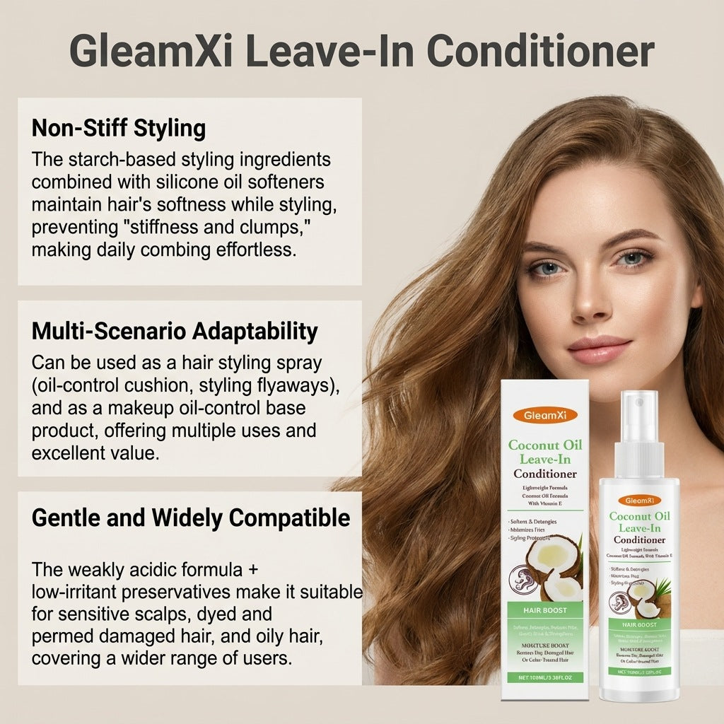Gleamxi Coconut Oil Leave-In Conditioner Spray Softens Detangles Dry Tangled Minimizes Frizz Boosts Shine Hair Care Product