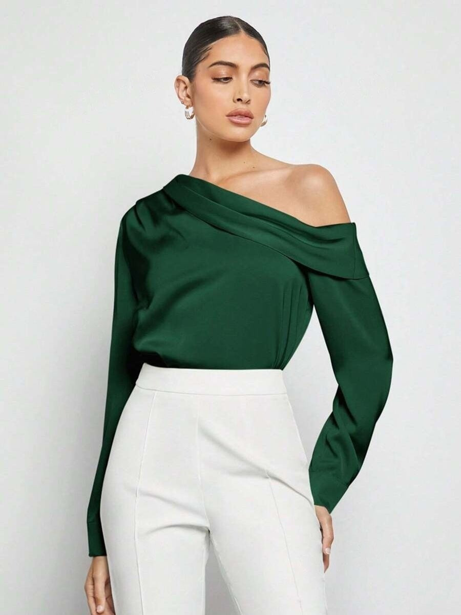 Foreign Trade Cross-Border Pleated Satin Shirt Top Spring and Summer European and American Amazon Off-Shoulder Asymmetrical Long-Sleeved Shirt for Women