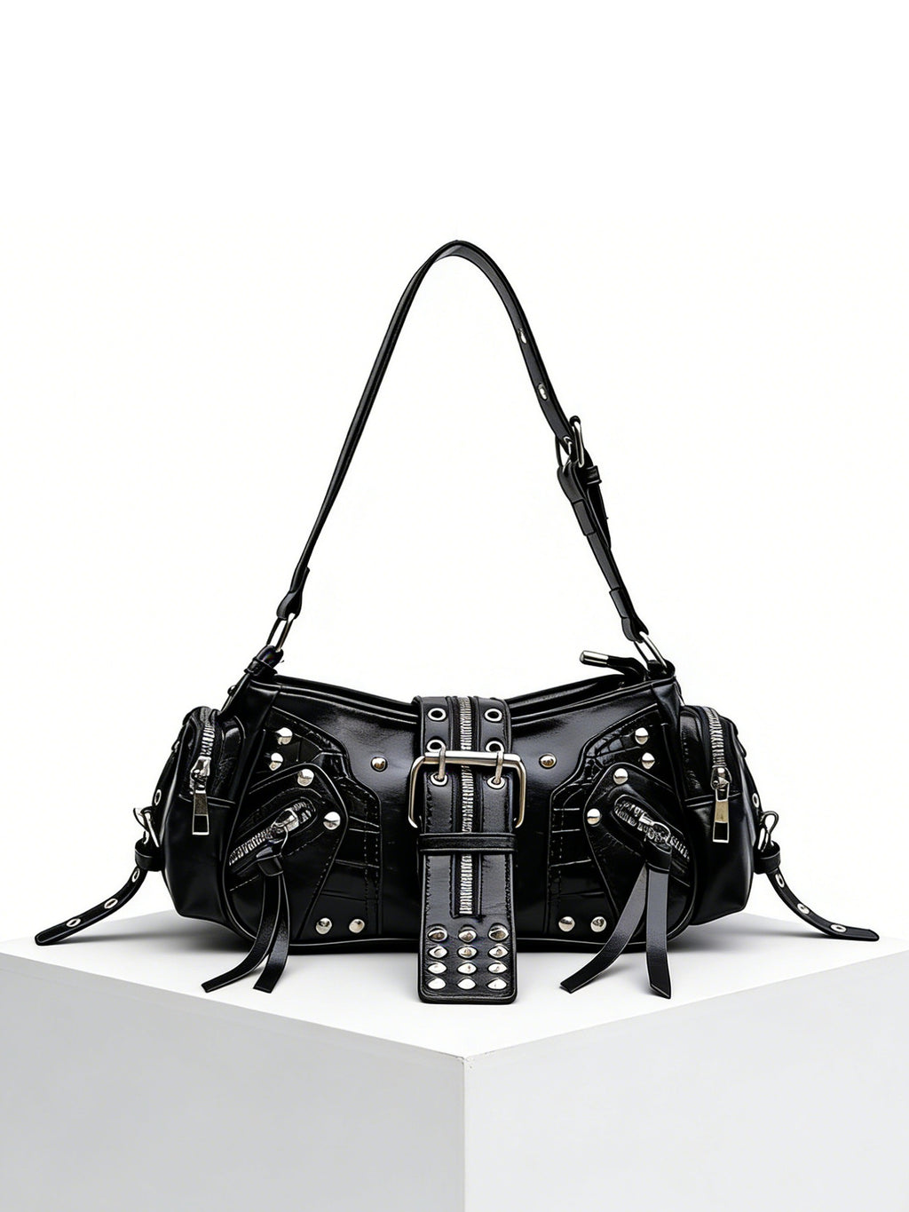 European and American Fashion Personality in Rivet Tassel Spicy Girl Motorcycle Retro Versatile Commuter Underarm Handbag Shoulder Crossbody Bag