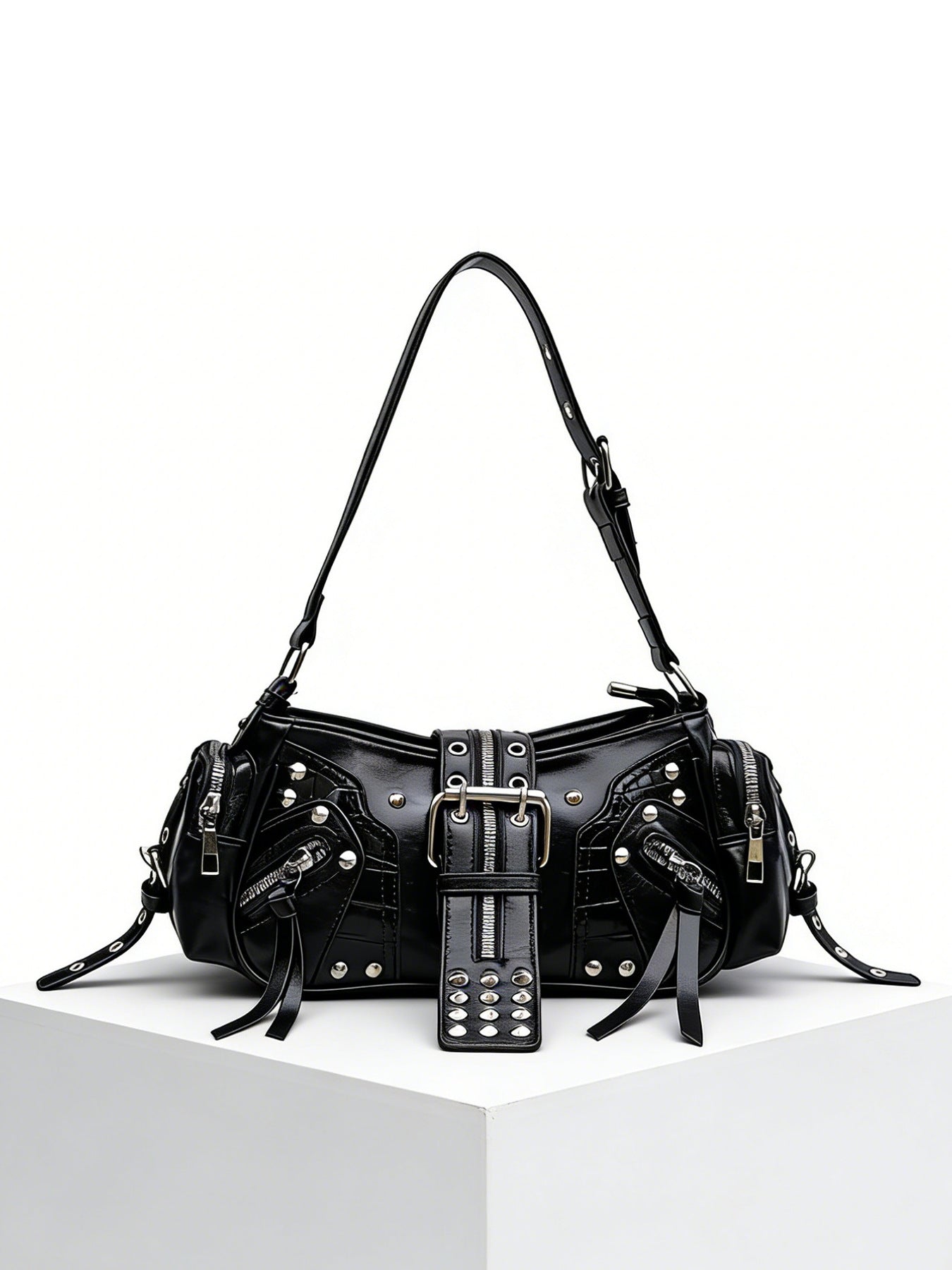 European and American Fashion Personality in Rivet Tassel Spicy Girl Motorcycle Retro Versatile Commuter Underarm Handbag Shoulder Crossbody Bag