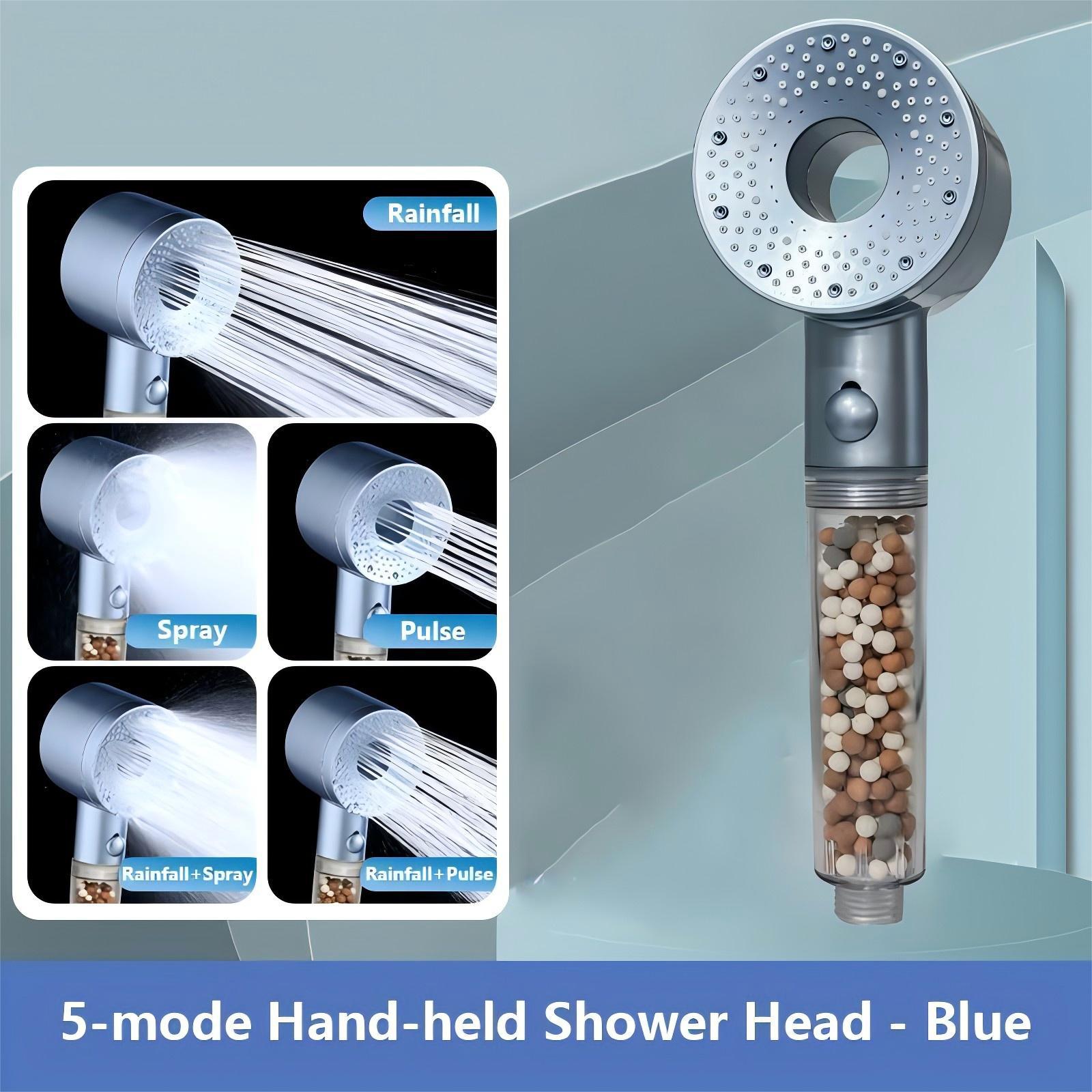 5 Modes Pressurized Shower Head with Mineral Ball Filter High Pressure Spray Nozzles Stop Button Showerhead Bathroom Accessories