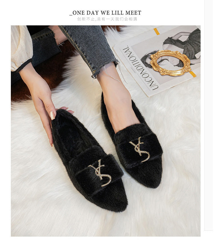 Flats Shoes for Women 2024 New Autumn Pointed Flat Mink Fur Winter Shoes Velvet Women's Loafers Ladies Shoes Plus Size 41 42 43