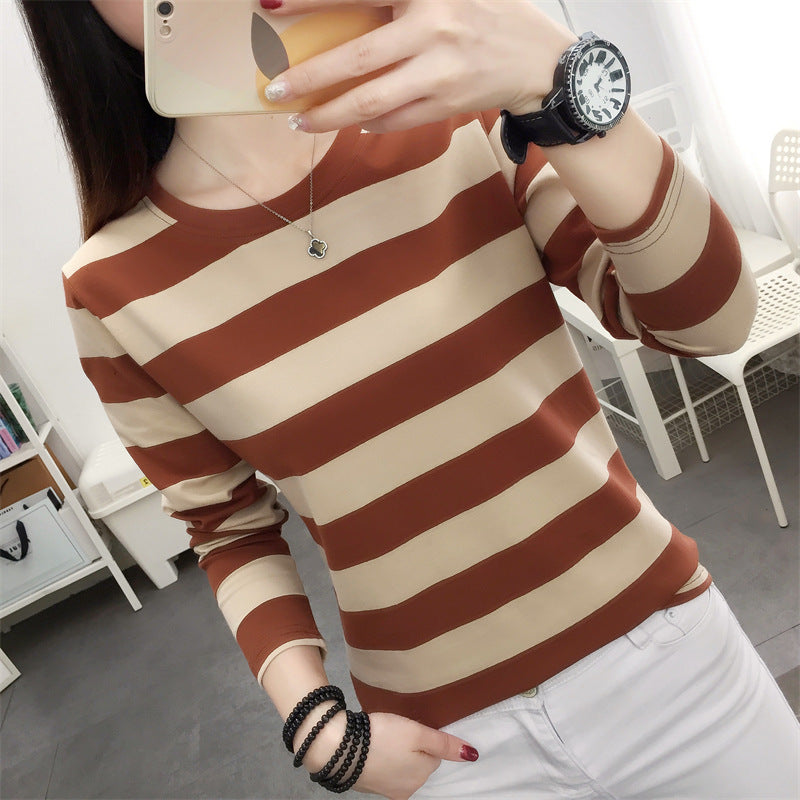Autumn chubby girl Plus Size Large Size Loose Cotton Long-sleeved T-shirt Women's Middle-aged Mother Base Shirt Striped Top