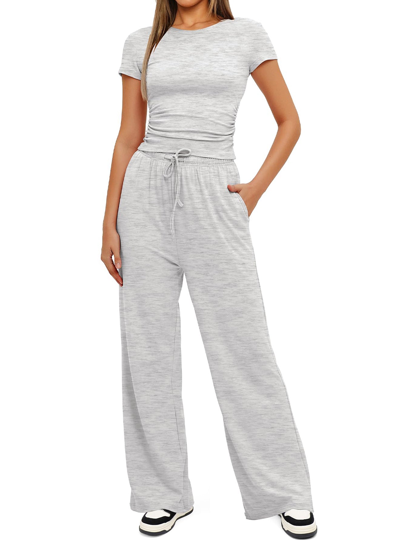 Women's Summer Solid Loose Casual Tracksuit Two Piece Set O Neck Short Sleeve T Shirt Wide Leg Pants Sportswear