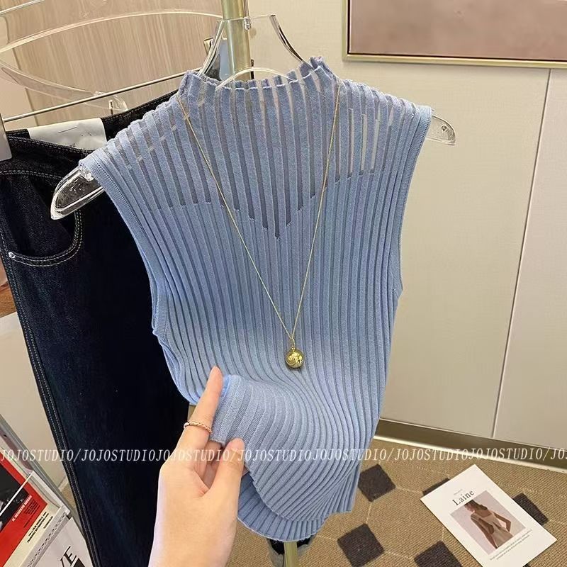 New Style Sleeveless Knit Top for Women, Summer Thin Style with a High-End Feel, Elegant Collar, Vacation Casual Top, Direct Cross-Border Supply