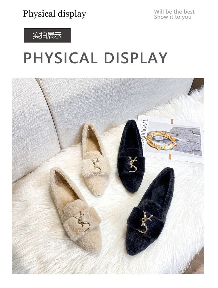 Flats Shoes for Women 2024 New Autumn Pointed Flat Mink Fur Winter Shoes Velvet Women's Loafers Ladies Shoes Plus Size 41 42 43