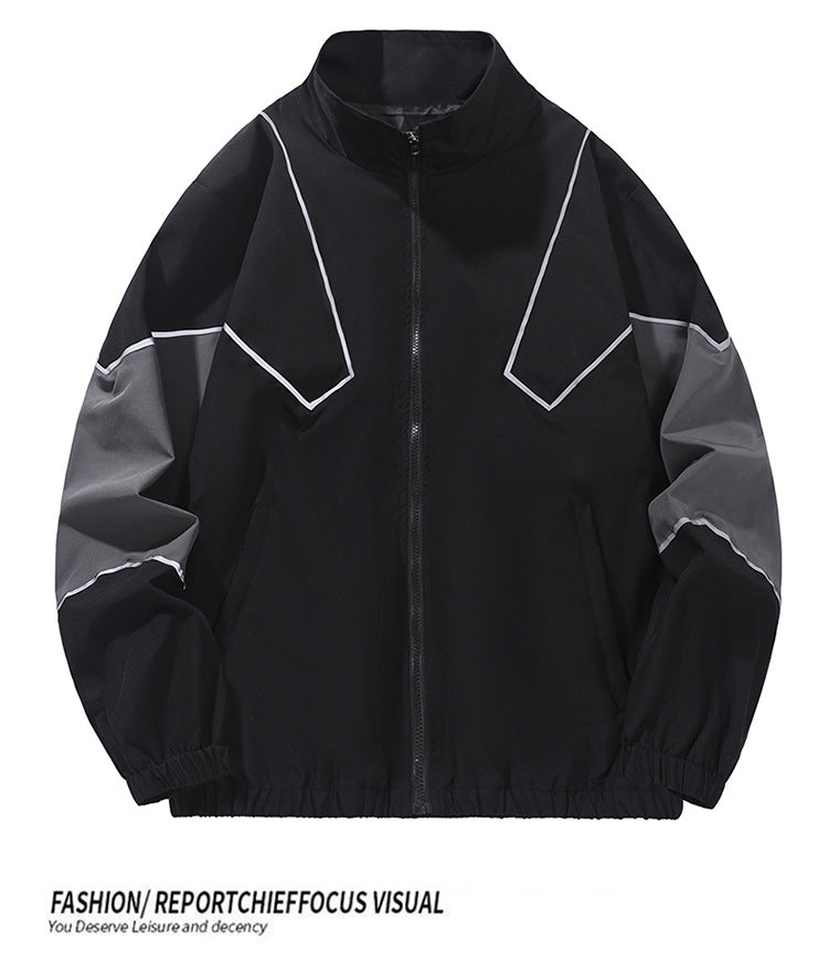 Russian Foreign Trade Trendy Brand Reflective Patchwork Stand-Up Collar Jacket Spring and Autumn Loose Sports Casual Jacket for Men