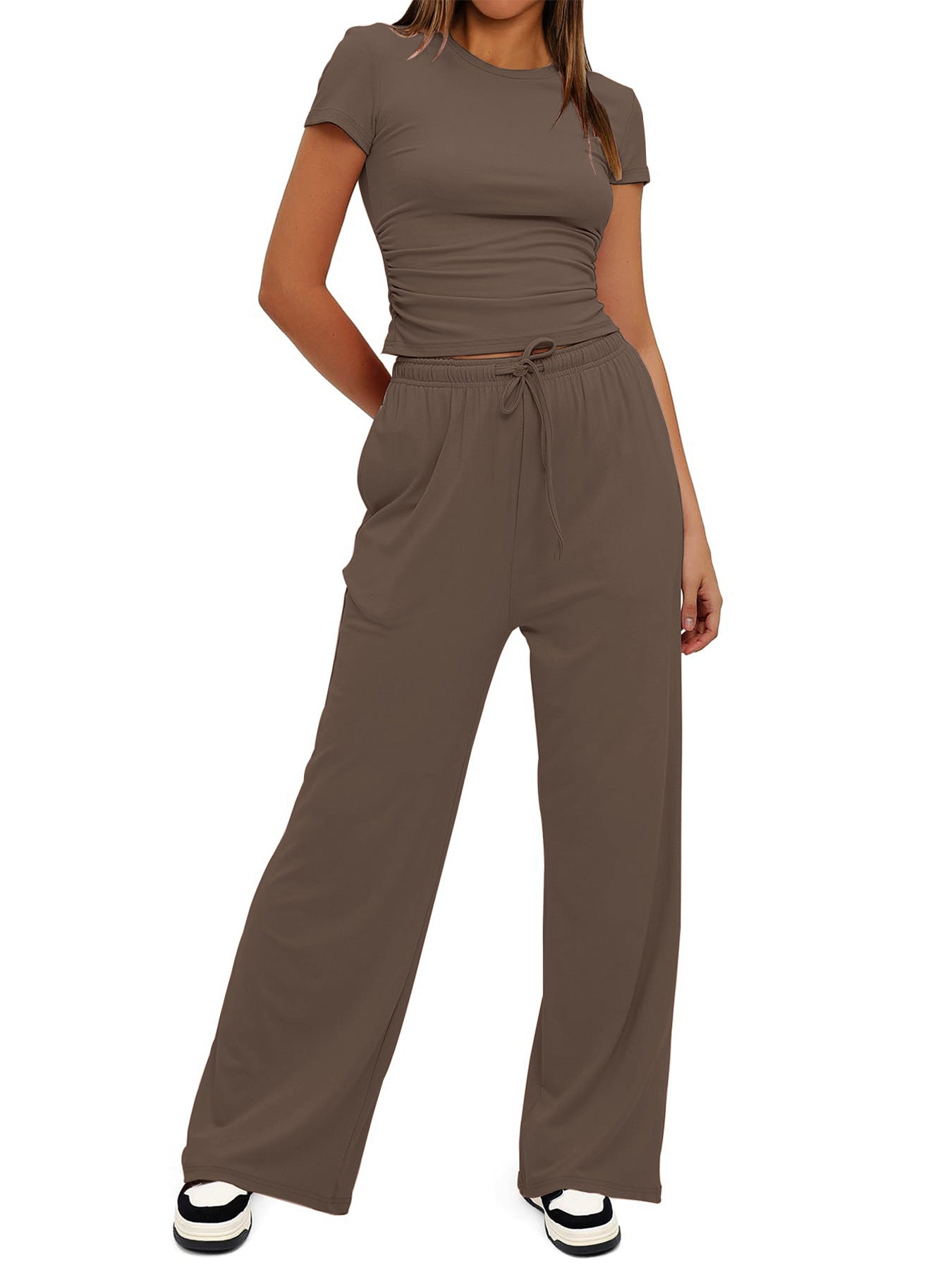 Women's Summer Solid Loose Casual Tracksuit Two Piece Set O Neck Short Sleeve T Shirt Wide Leg Pants Sportswear