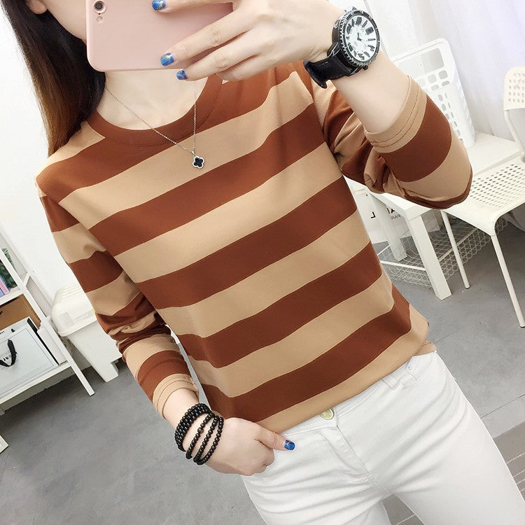 Autumn chubby girl Plus Size Large Size Loose Cotton Long-sleeved T-shirt Women's Middle-aged Mother Base Shirt Striped Top
