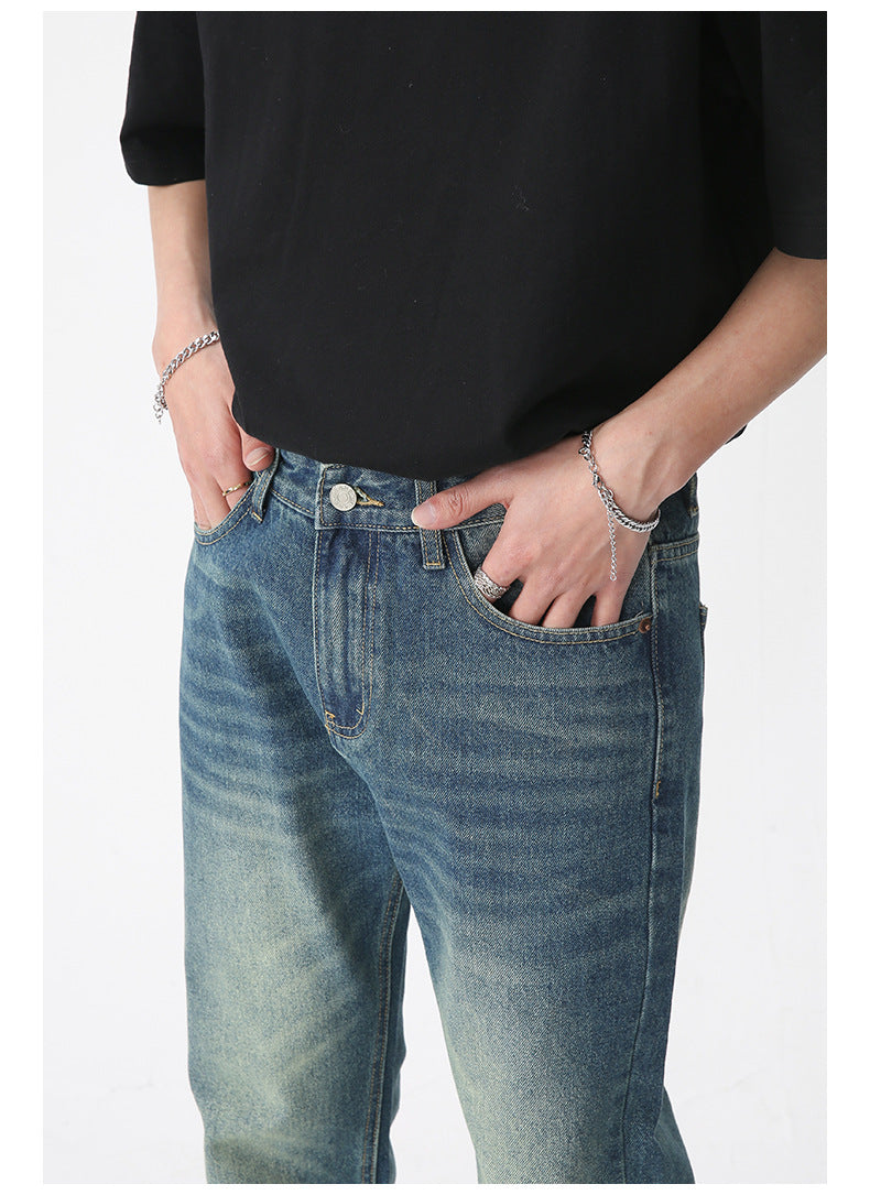 Men High Street Hip Hop Casual Small Flare Denim Jeans Pant Male Japan Korea Style Streetwear Vintage Denim Trousers Pant