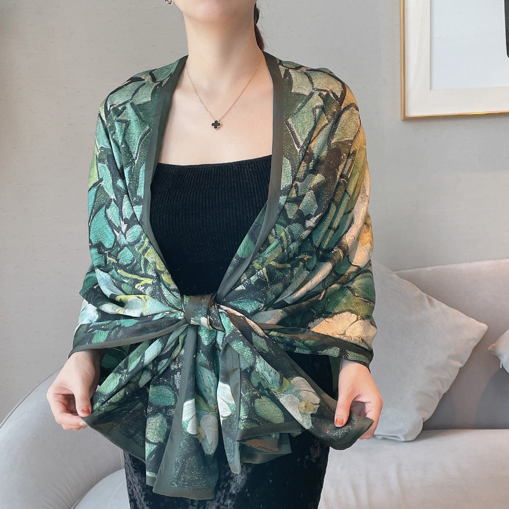 Van Gogh Monet oil painting double-sided double-layer silk scarf women's long 180x70 new silk satin popular fashion scarf shawl New