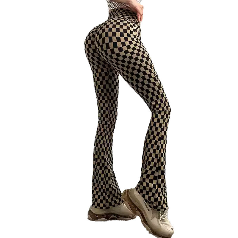Checkerboard Flared Pants for Women, Autumn and Winter High-Waisted Wide-Leg Yoga Pants, Slimming Fitness Pants, Leg-Lengthening and Hip-Lifting