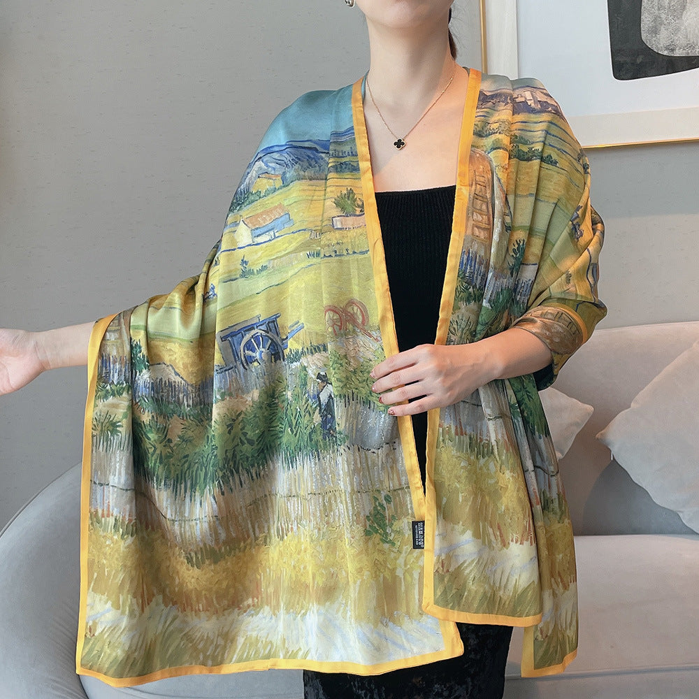 Van Gogh Monet oil painting double-sided double-layer silk scarf women's long 180x70 new silk satin popular fashion scarf shawl New