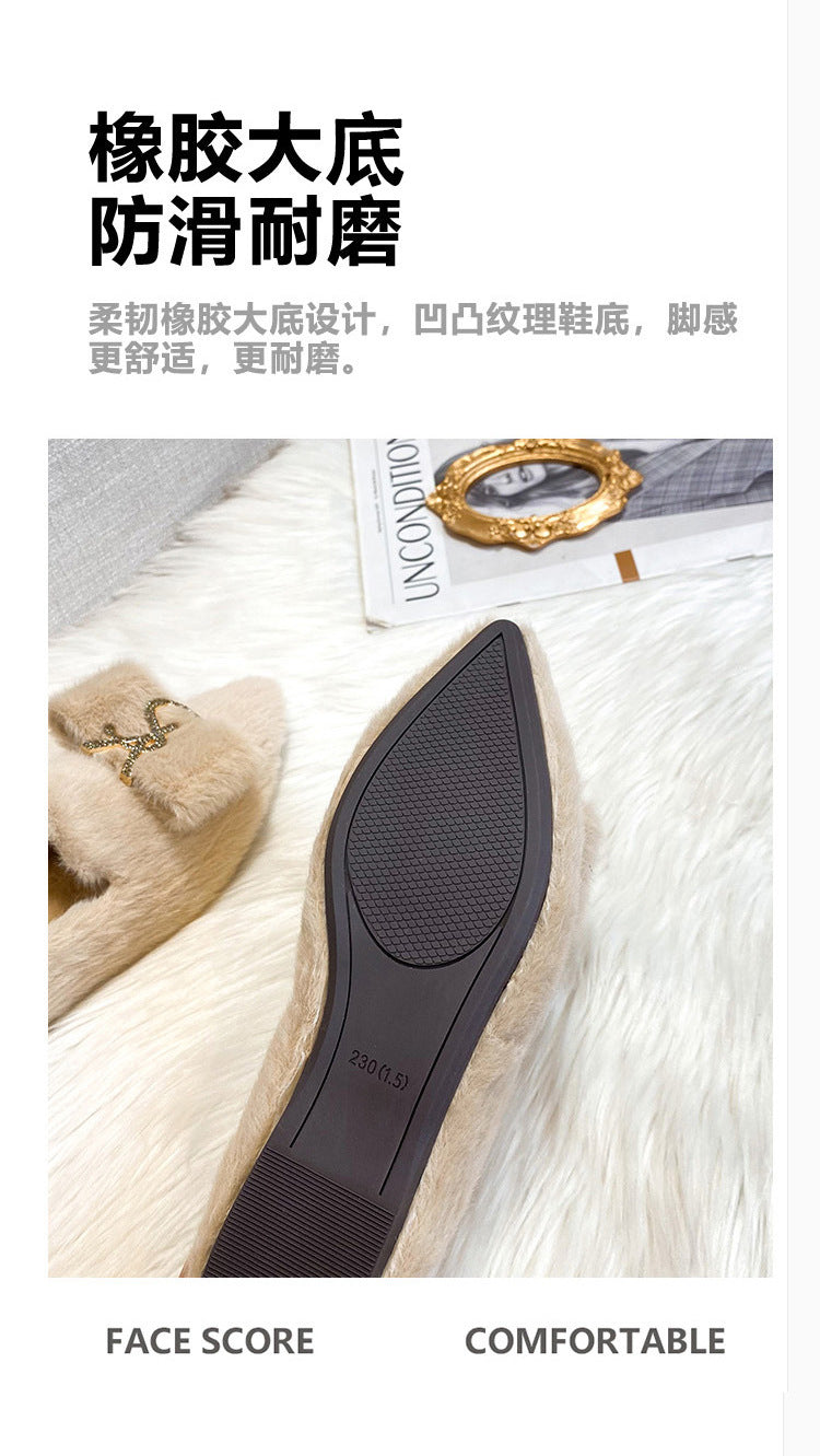 Flats Shoes for Women 2024 New Autumn Pointed Flat Mink Fur Winter Shoes Velvet Women's Loafers Ladies Shoes Plus Size 41 42 43