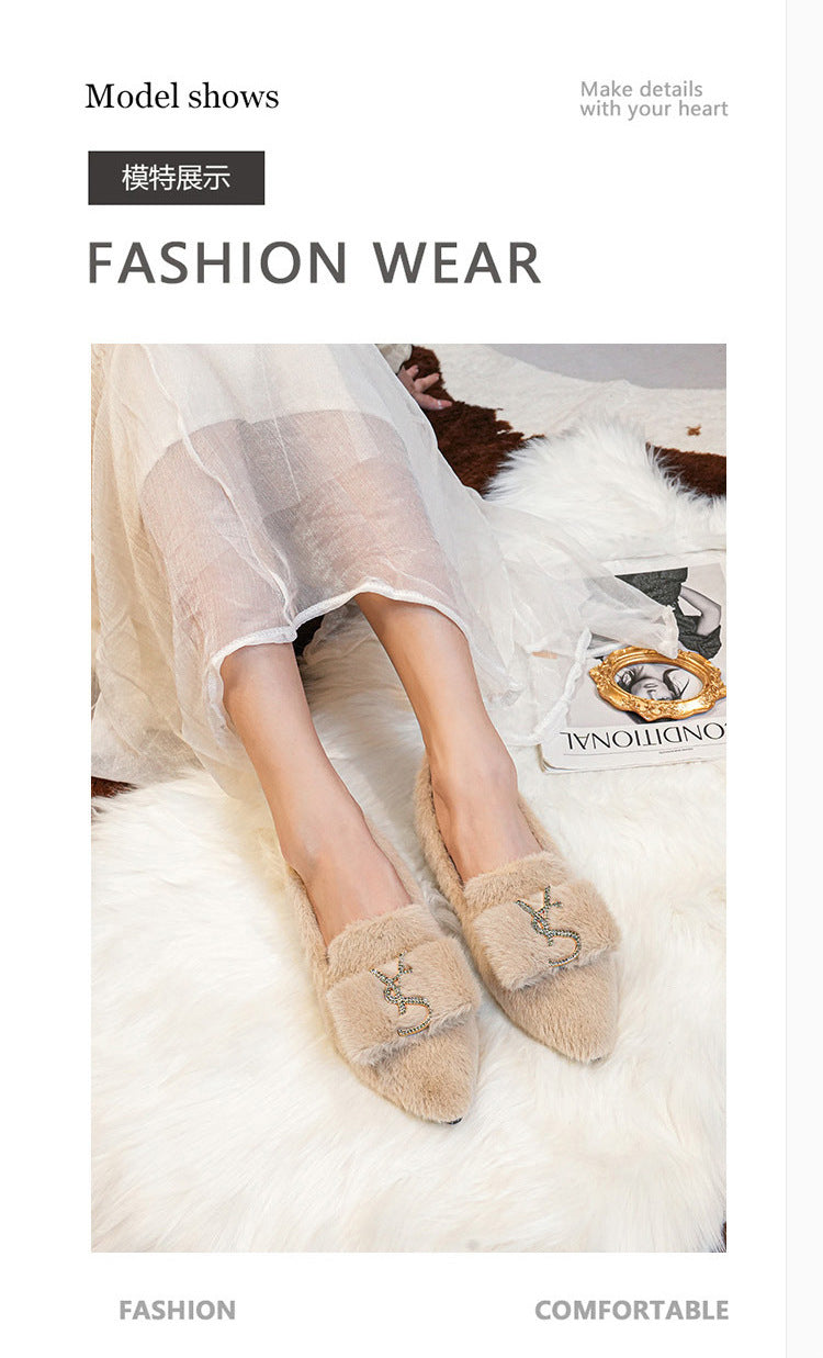 Flats Shoes for Women 2024 New Autumn Pointed Flat Mink Fur Winter Shoes Velvet Women's Loafers Ladies Shoes Plus Size 41 42 43