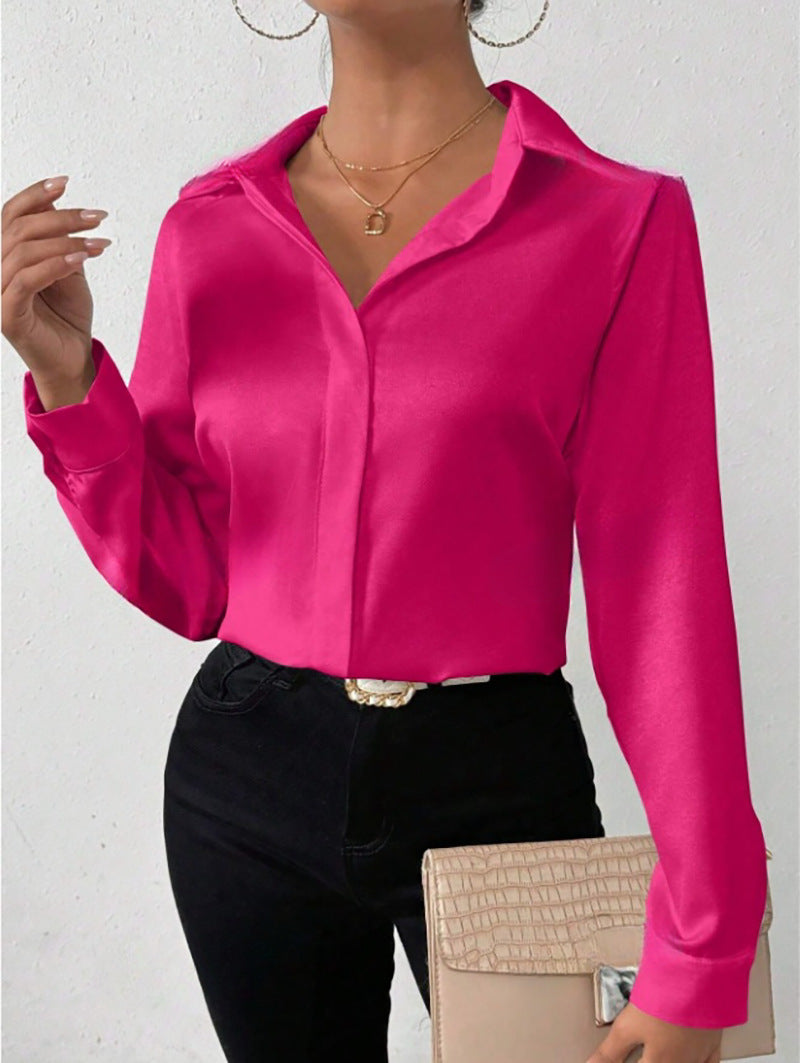 Cross-Border European and American Clothing Satin Shirt Women's Satin Imitation Silk Long-Sleeved Shirt European and American Export Cross-Border Women's Clothing