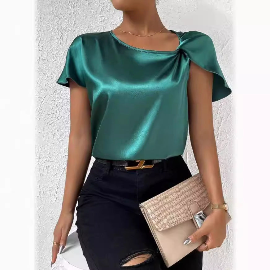 2026 European and American Foreign Trade Cross-Border Supply Summer Satin Short-Sleeve Top with Satin Twist, Solid Color, Loose Fit, Versatile Women's Top