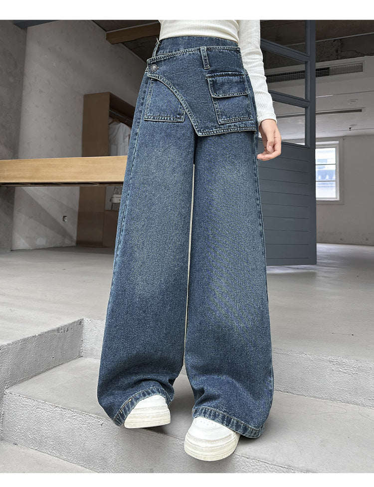 Girls' fart curtain jeans spring autumn new style teens children's straight tube loose wide leg pants retro blue casual pants