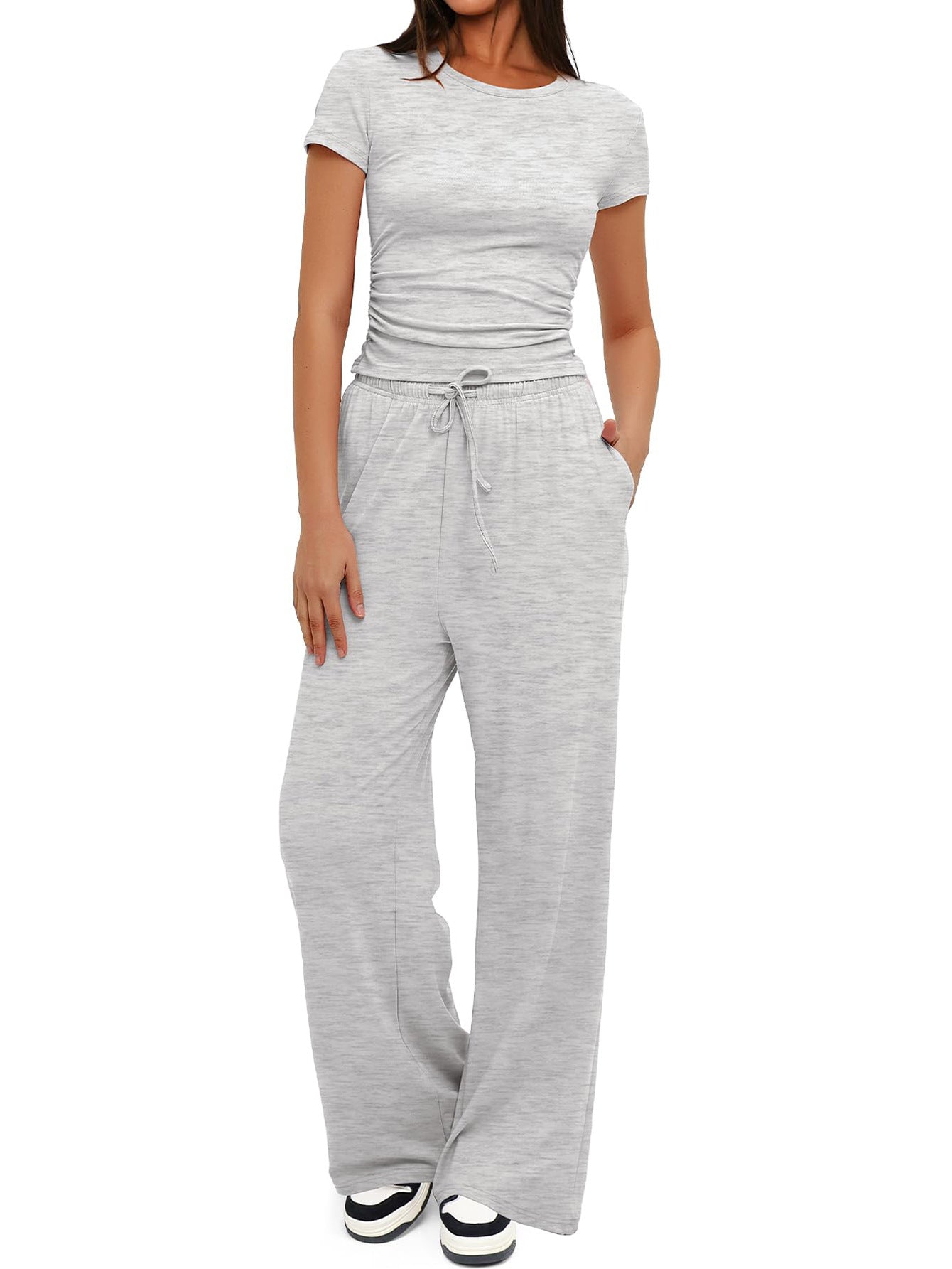 Women's Summer Solid Loose Casual Tracksuit Two Piece Set O Neck Short Sleeve T Shirt Wide Leg Pants Sportswear