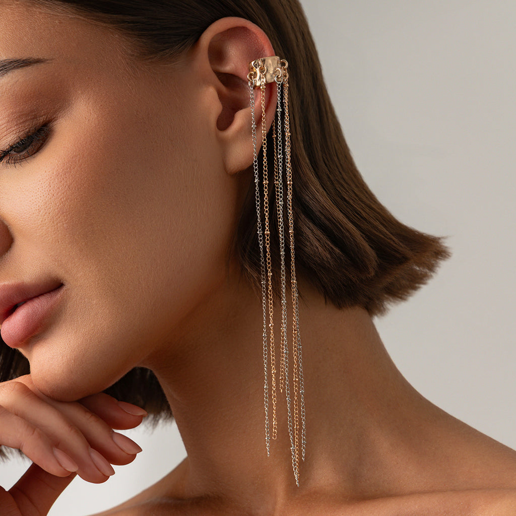 Unique Long Tassel No Piercing Ear Clip Earrings for Women New Gothic Silver Color C-shaped Ear Cuff Fashion Jewelry Gift