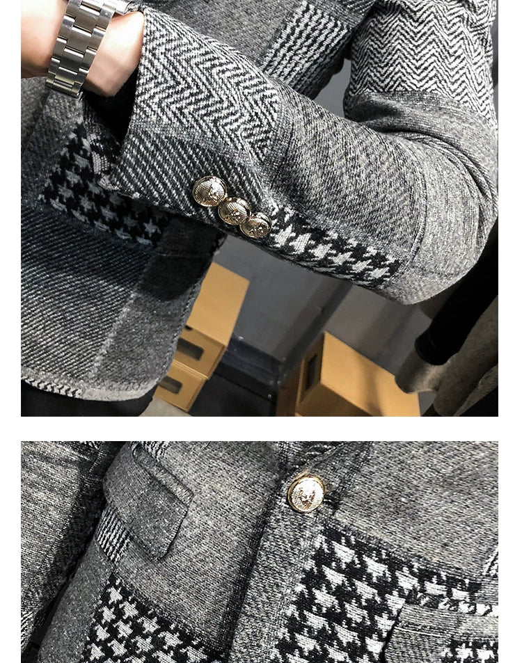 Mens Woolen Jacket 2023 Autumn Winter Fleece Warm Plaid Woolen Coat Streetwear Casual Slim Fit Jacket Coat Fashion Men Clothing