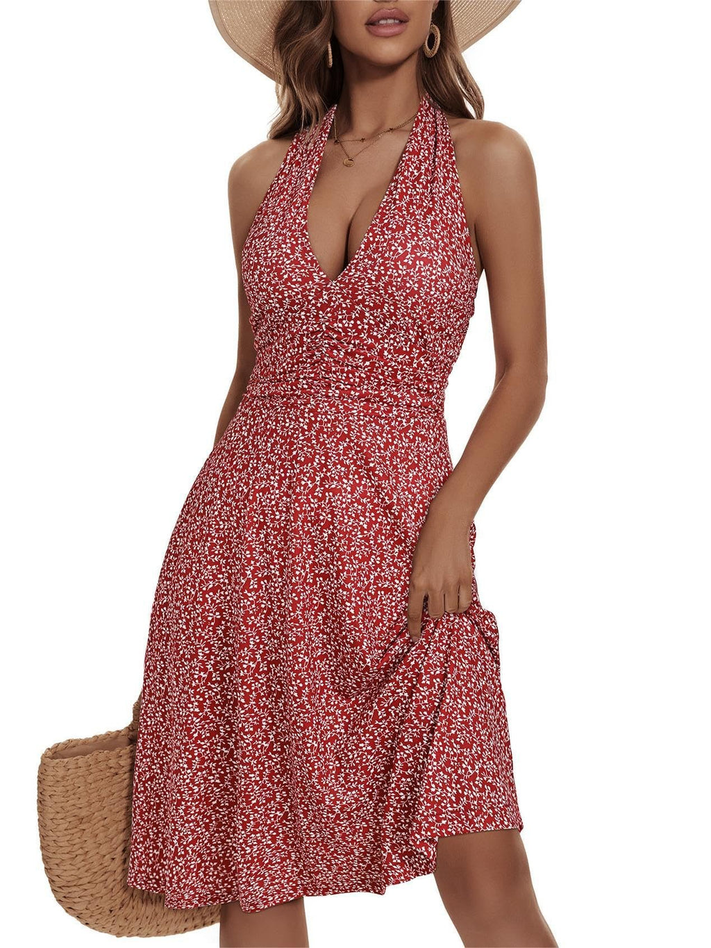 Dress 2025 Cross-Border Urban Fashion Sleeveless Halter Bohemian Dress Floral Pocket Elastic Waist Pleats